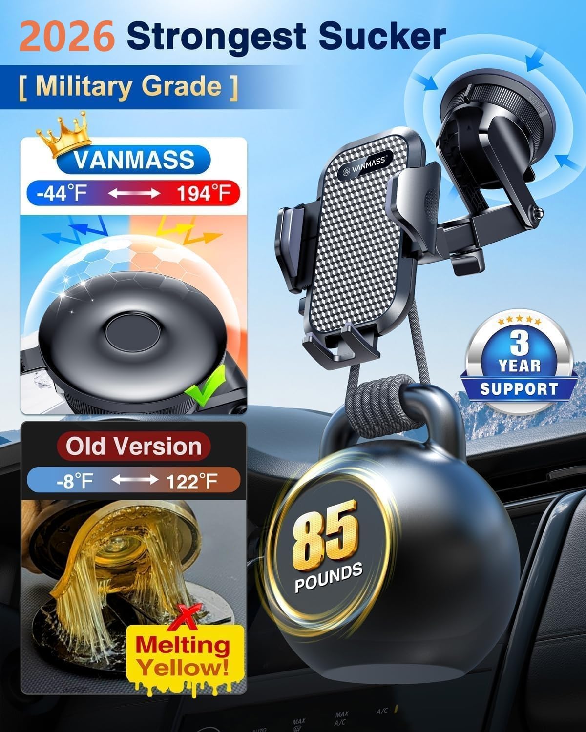 [True Military-Grade] Car Phone Holder VANMASS [Upgraded Strongest Suction&Clip] Cell Phone Mount for Dashboard Windshield Vent Kit, Truck Cradle Stand for iPhone 18 Pro Max 17 16 15 Android,Ink Black