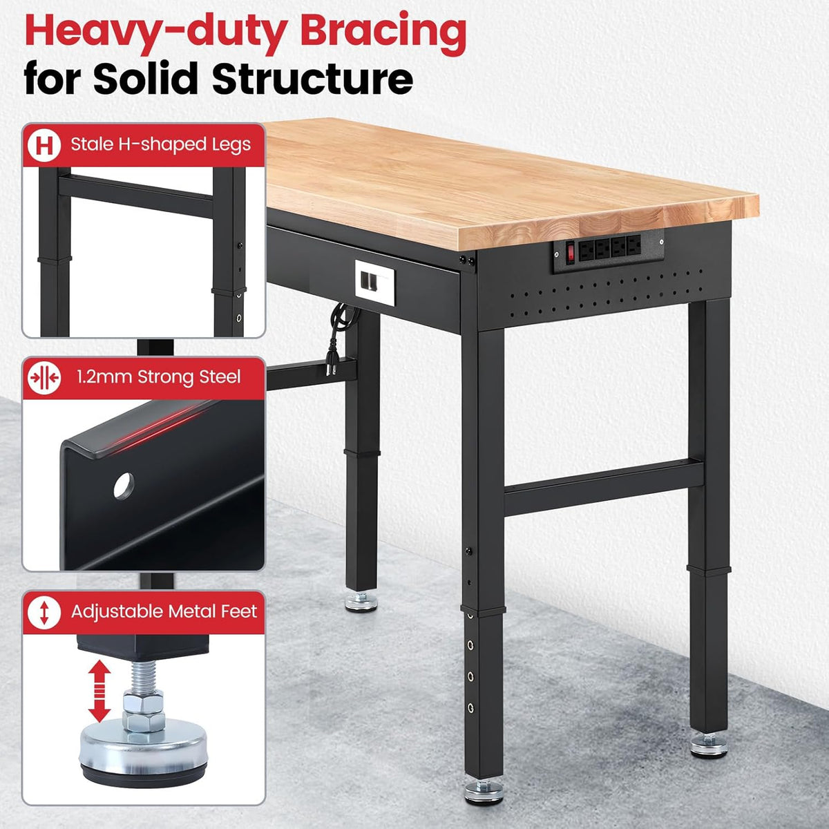 Workbench with Shelf Bracket 48 x 24 Inch Heavy Duty Rubberwood Tabletop Work Table Adjustable Height Work Bench with Drawer, Power Outlets for Garage Woodworking Shop, Home, Office