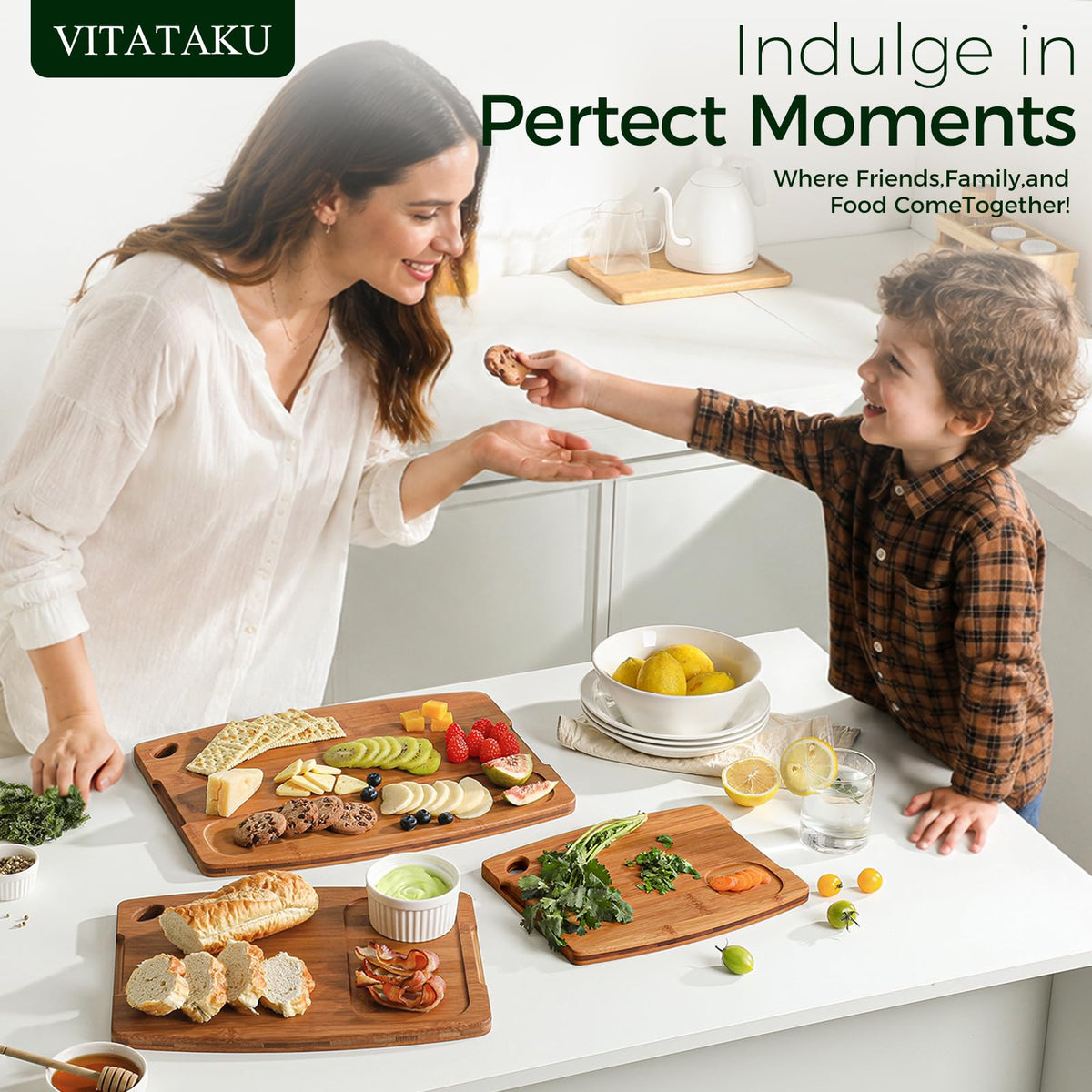 VITATAKU Bamboo Cutting Board Set, Wood Cutting Boards for Kitchen