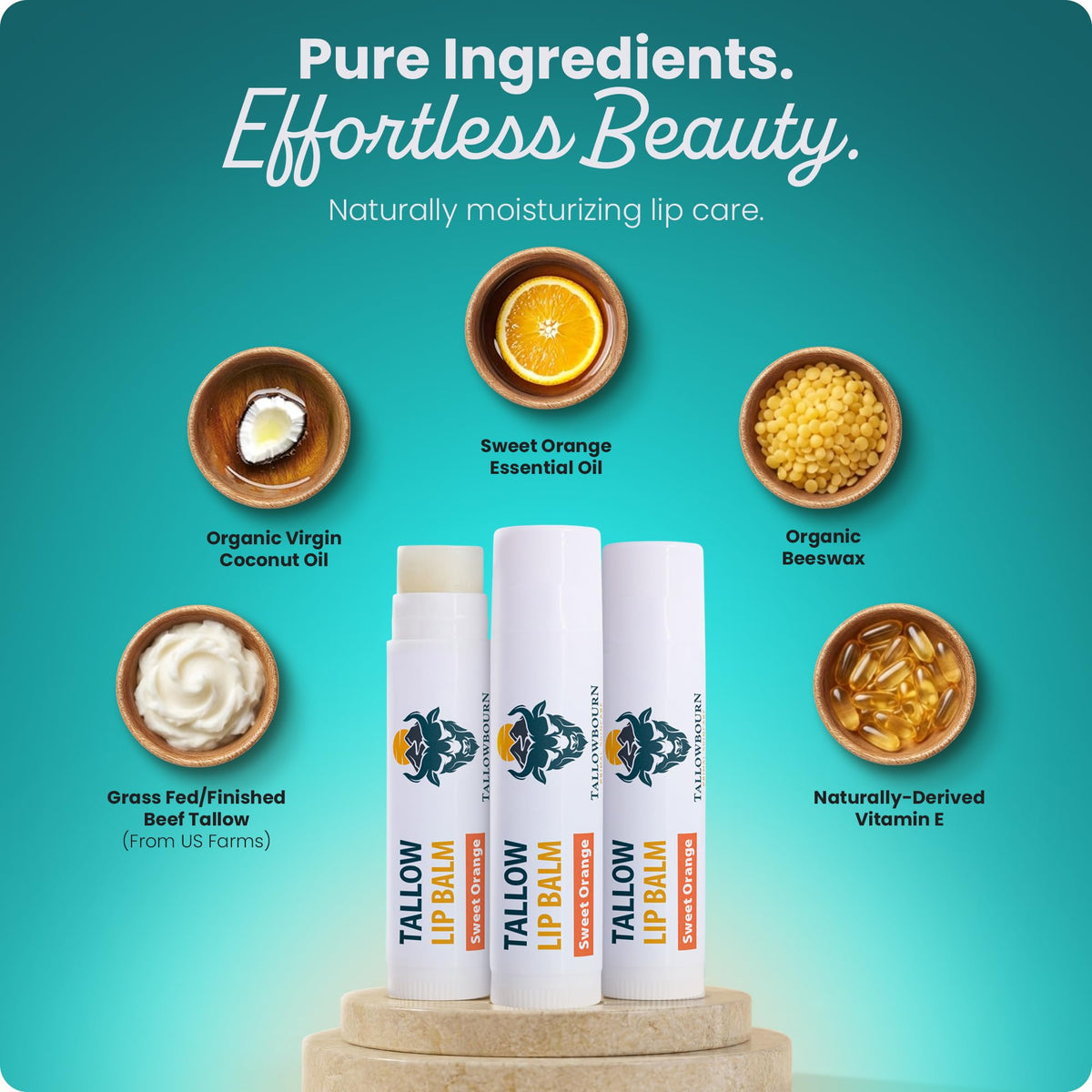 Tallowbourn Moisturizing Grass-Fed Beef Tallow Lip Balm 3pk – Sweet Orange