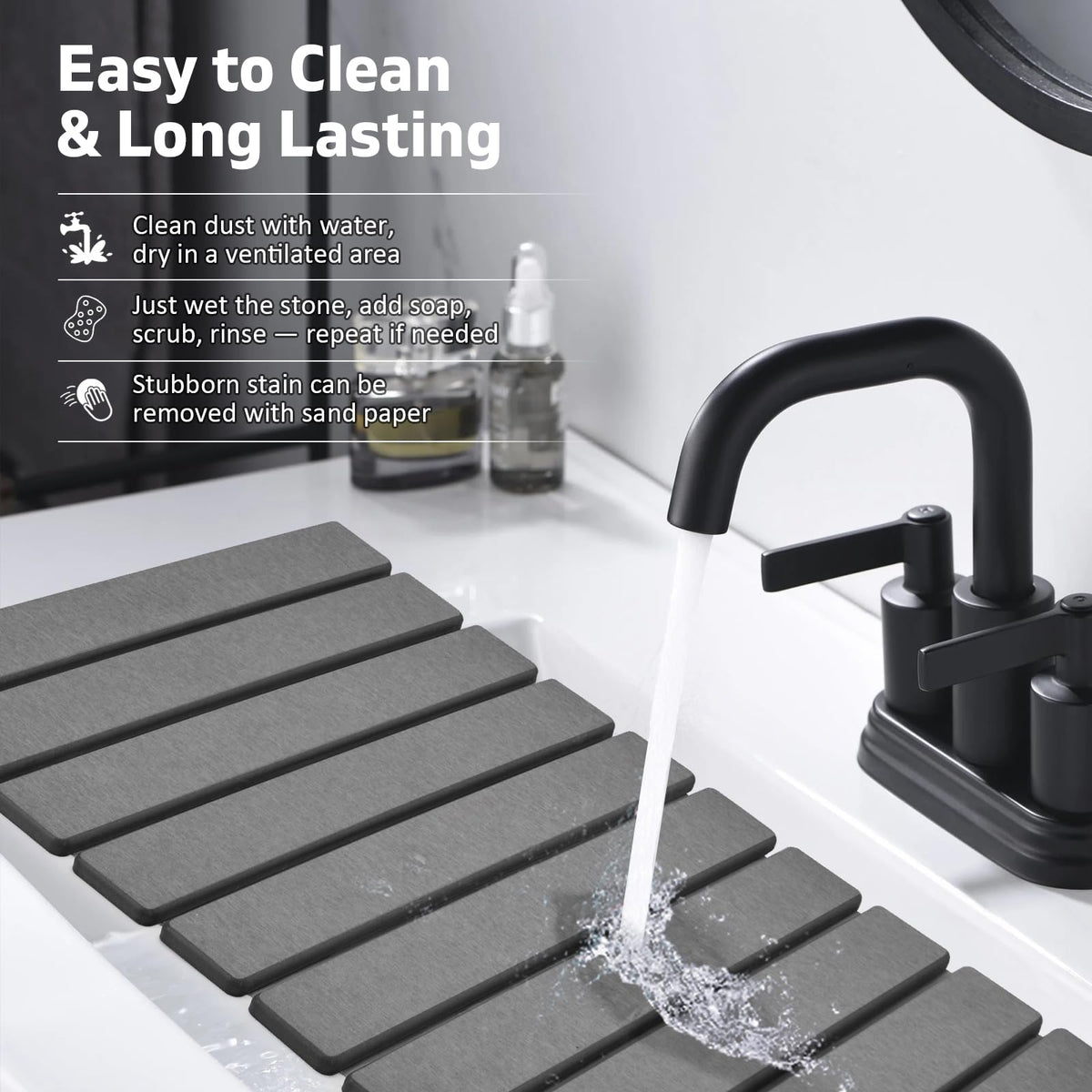 Large Stone Dish Drying Mat for Kitchen Counter – 24"(L)×16 "(W) Foldable Super Absorbent Diatomaceous Earth Stone Dish/Bath Mat, Kitchen Counter Mat for Plate Rack, Cup, Match Any Countertop - Gray