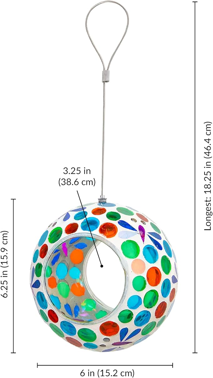 Sunnydaze 6-Inch Glass Mosaic Hanging Bird Feeder for Outdoors - Fly-Through Wild Bird Feeder - Dragonfly Dreams