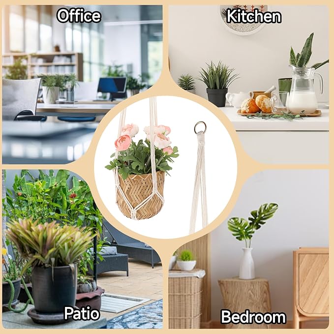 Macrame Plant Hanger, 2 Pack Boho Hanging Planters Baskets for Indoor Plants Decorative Braided Cotton Rope Flower Pot Holder with Metal Hook Rings for Outdoor Home Decor, No Tassels, Ivory, 34 Inchs