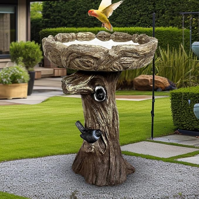 SKYFIRE 23” Tall Fibre Reinforced Concrete Birdbaths with Birds for Patio, Woodland Tree Trunk Decorative Outdoor Bird Bath for Garden，Pedestal Birdbaths for Outdoors, Garden, Patio, Lawn, Backyard