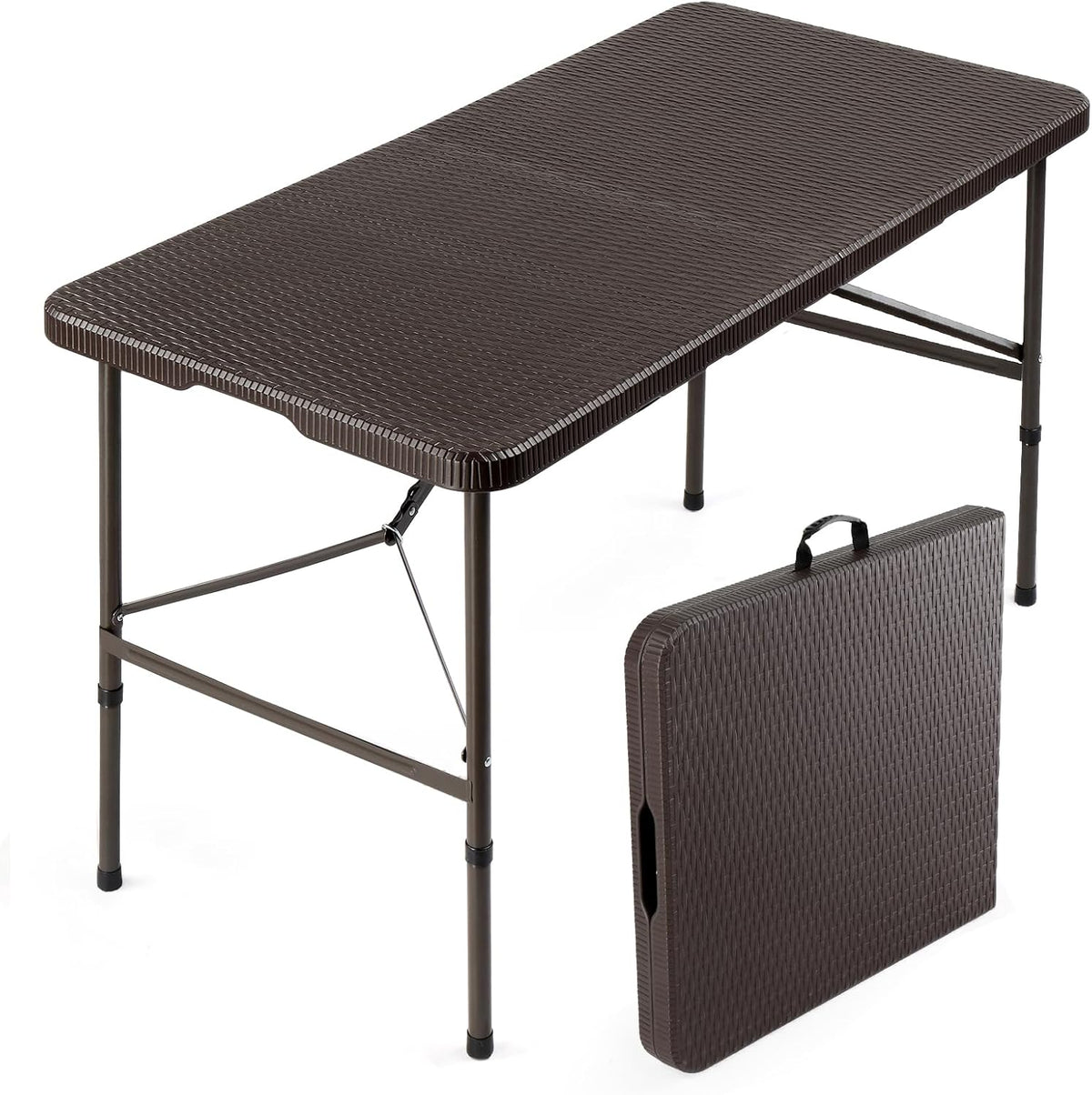 VINGLI 4 FT Plastic Folding Camping Table, Portable in/Outdoor Party Picnic Dining Desk,Garden Soccer Multipurpose Entertaining Activities, Brown