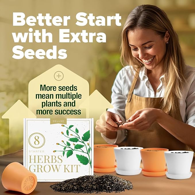 HOME GROWN 𝗣𝗥𝗘𝗠𝗜𝗨𝗠 𝗛𝗘𝗥𝗕 𝗞𝗜𝗧 8 Herb Seeds Garden Kit, Complete Indoor Planter Gift with Basil Cilantro Mint & More, Unique Kitchen Growing Set for Women Men, Birthday Housewarming Present