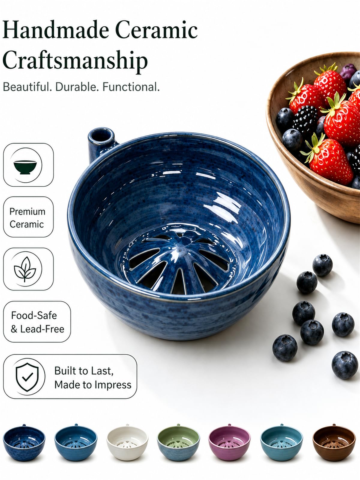 Berry Bowl Fruit Washer with Strainer Holes Ceramic, Ceramic Fruit Bowl Self-Spinning Automatic 360° Swirling Vortex Berry Rinser & Vegetable Colander, Handmade Multipurpose Cleaner Bowl(Blue)