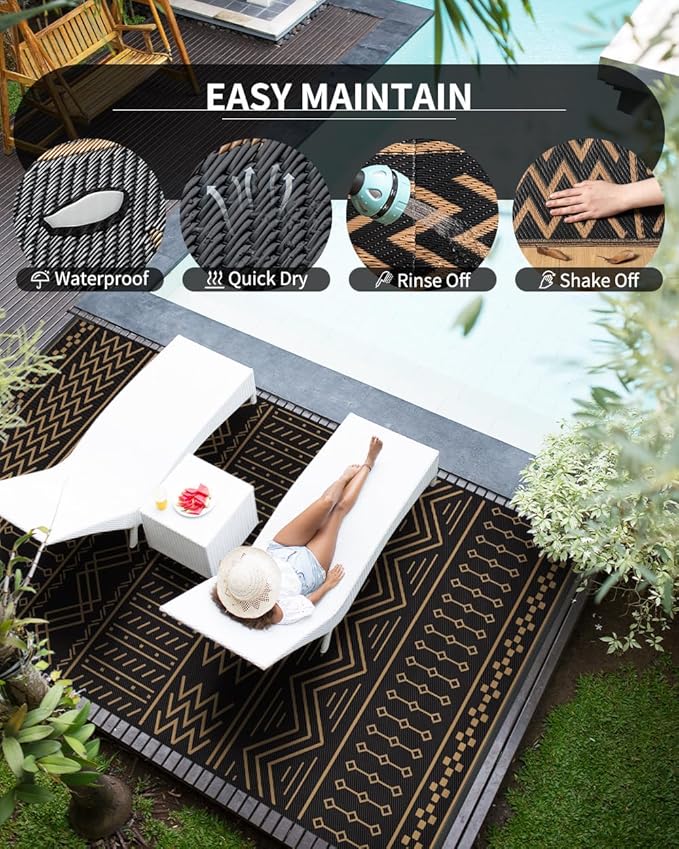 Outdoor Rug Carpet Waterproof 8x10 ft Patio Rug Mat Indoor Outdoor Area Rug for RV Camping Picnic Reversible Lightweight Plastic Straw Outside Rug for Patio Decor Decoration Boho Rug Black Brown