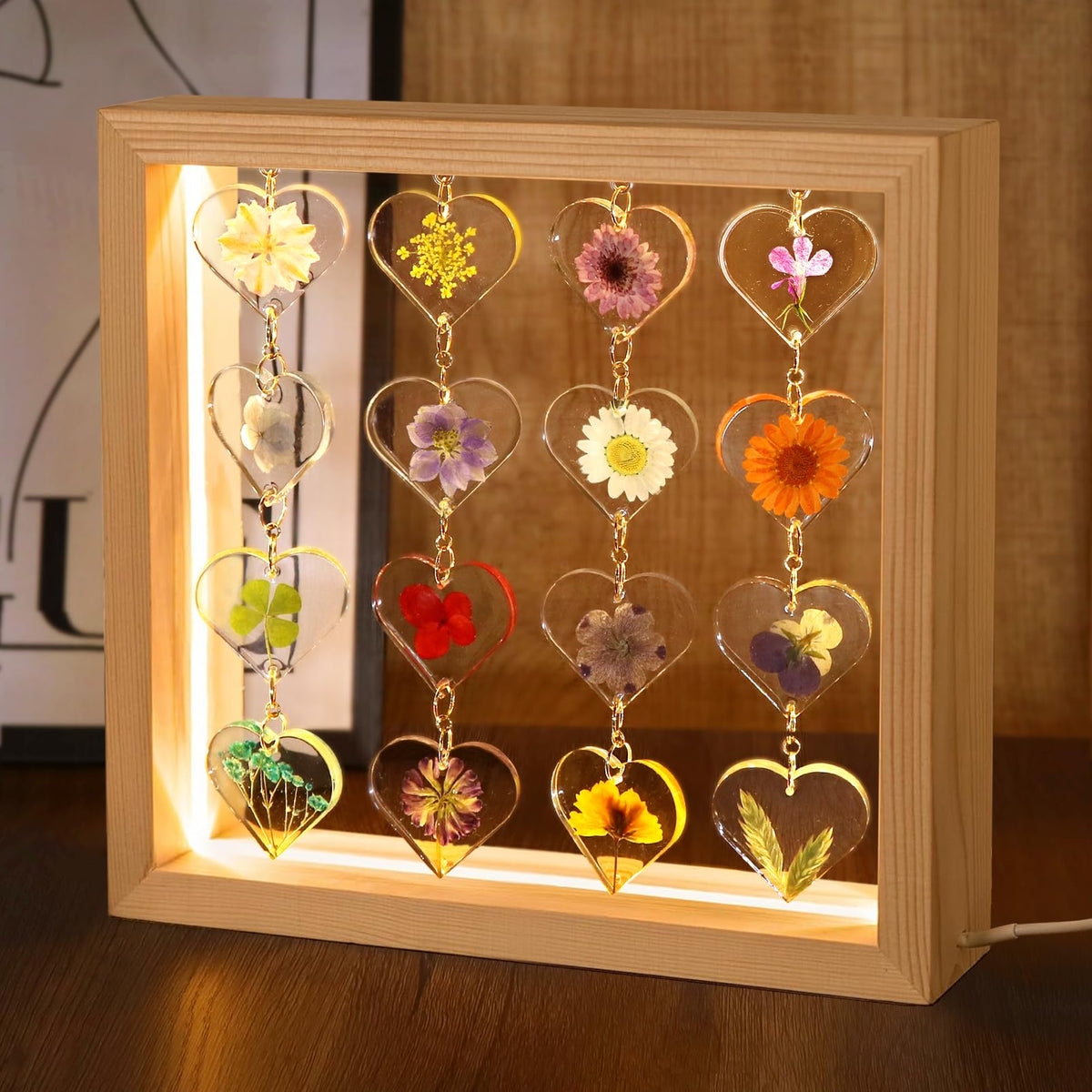 SMUK Resin Dried Flower LED Aesthetic Desk Lamp, Unique 3 Way Dimmable Natural Pressed Flower Table Lamp with Wooden Frame for Desk, Table, Nightstand, Bedroom, Living Room, Office