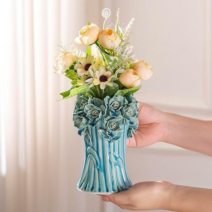 Handmade Blue Ceramic Vase with 3D Flowers, Blue Bud Wedding Bouquets Vases for Centerpieces, Vintage Floral Vase for Home Cottage Core Decor, Decorative Vases for Living Room, Housewarming Gift 6.6In