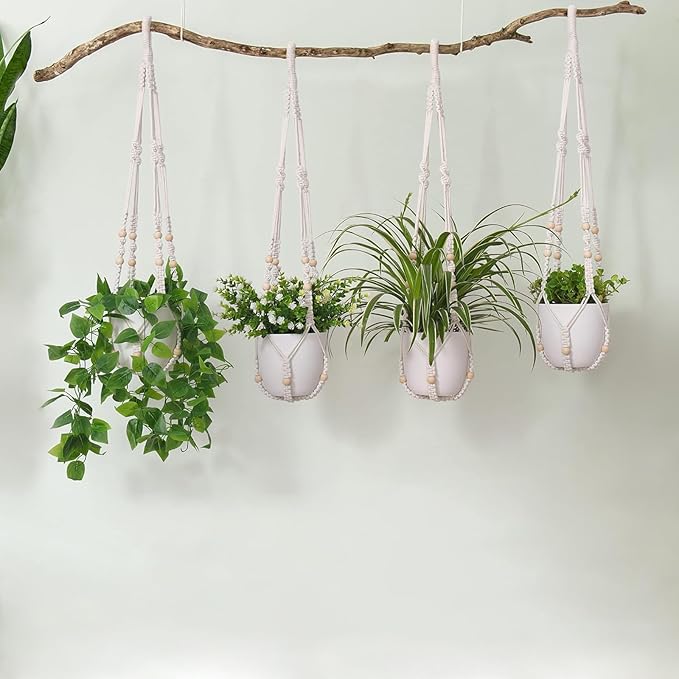 Macrame Plant Hanger Indoor Set of 4 with 8 Hooks, Indoor Outdoor Hanging Planter for Plants Holder with Decorative Wood Beads & No Tassels, Boho Home Decor, 35 Inch Ivory (Pots Not Included)