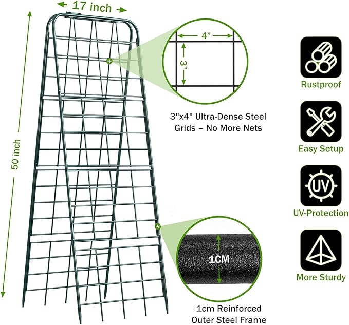Heavy Duty 50"x17" Adjustable A-Frame Trellis for Climbing Plants – Rust-Proof Metal Garden Trellis with Dense Grid Design, Perfect for Raised Beds, Tomatoes, Cucumbers & Outdoor Vines (Green, 1 Pcs)