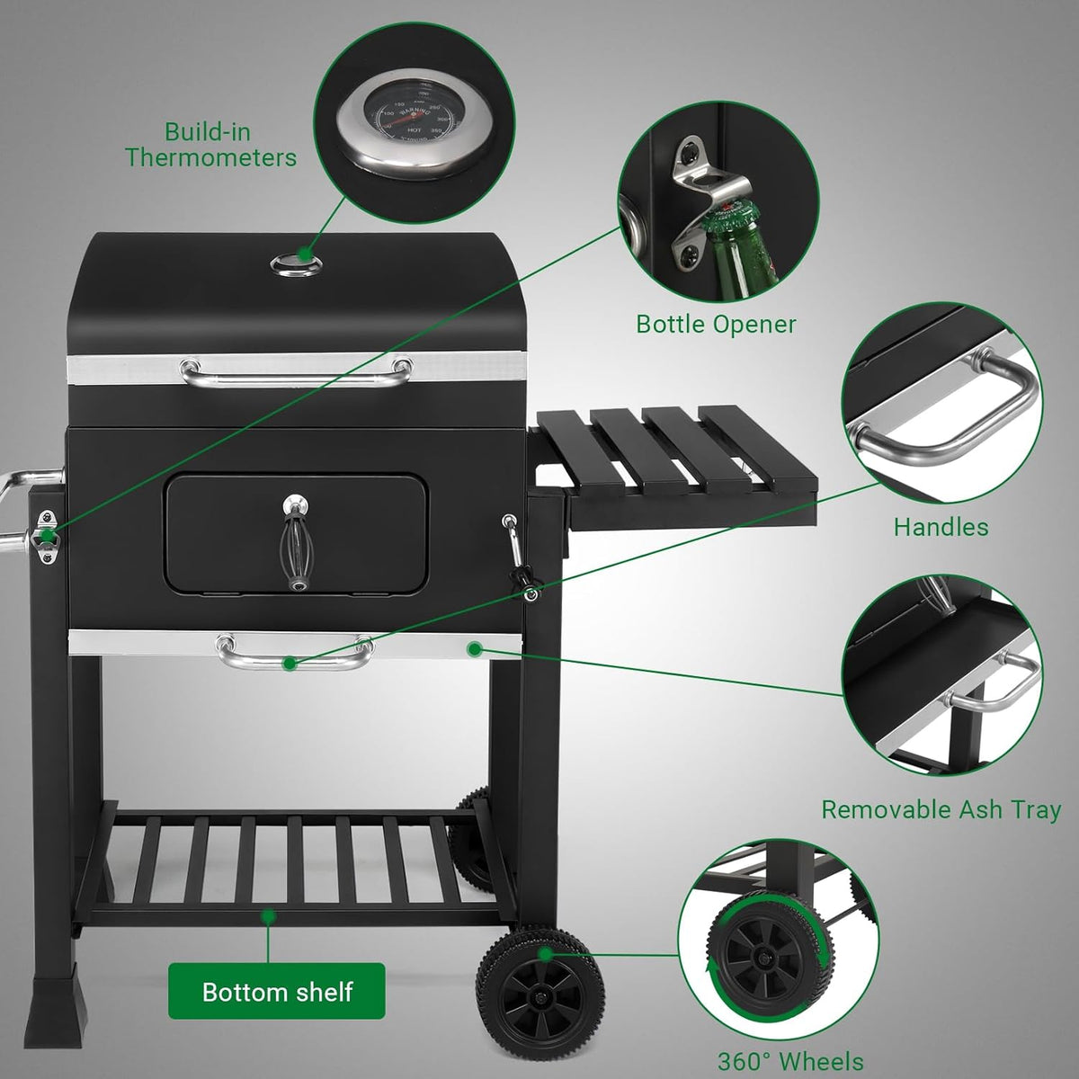 Outvita Large Barrel Charcoal BBQ Grills with 794 SQ.IN. Cooking Area, Outdoor Barbecue Grill with Adjustable Charcoal Tray & Foldable Side Table for Backyard Patio Picnic