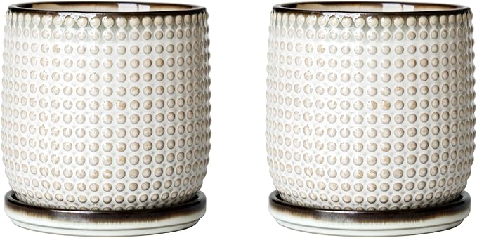 D'vine Dev Set of 2 Ceramic Plants Pots, 4 Inch Beaded Stoneware Flower Pot for Plants with Drainage Hole and Saucer, Smoked White, 27-E-Z-1