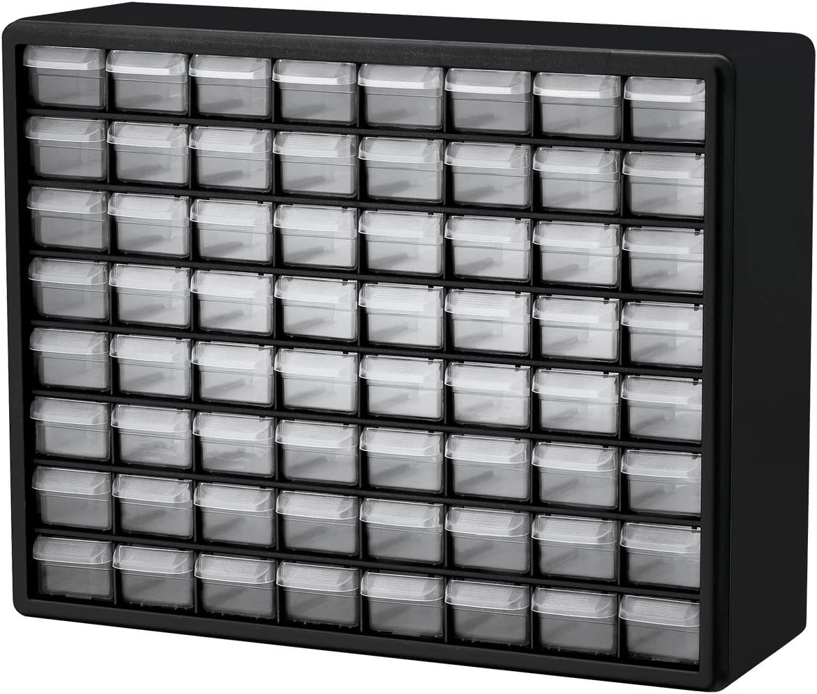 Akro-Mils 64-Drawer Plastic Drawer Storage Cabinet for Garage Organization, Bead Organizer, Building Bricks Storage, Teacher Toolbox, Makeup Organizer, 20-Inch W x 6-Inch D x 16-Inch H, 10164 Black