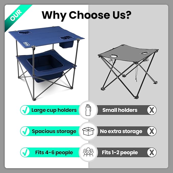 Folding Camping Table, Portable Outdoor Picnic Table, Rectangular Lightweight Camp Table with Storage, Cup Holder and Carry Bag for Barbeque Beach Camping and Tailgate