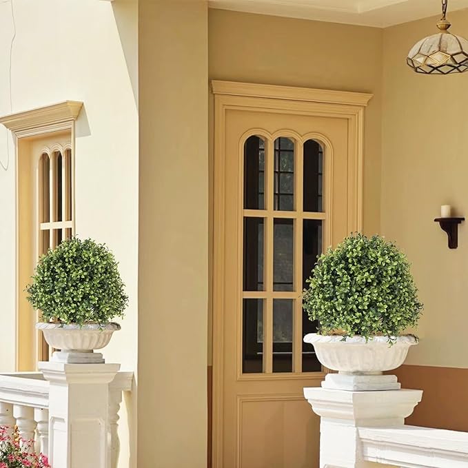 THE BLOOM TIMES 2ft Faux Boxwood Plants Outdoor Set of 2, Topiary Balls Artificial Outside Trees, 24" UV Resistant Fake Greenery Bushes & Shrubs for Front Porch Planter