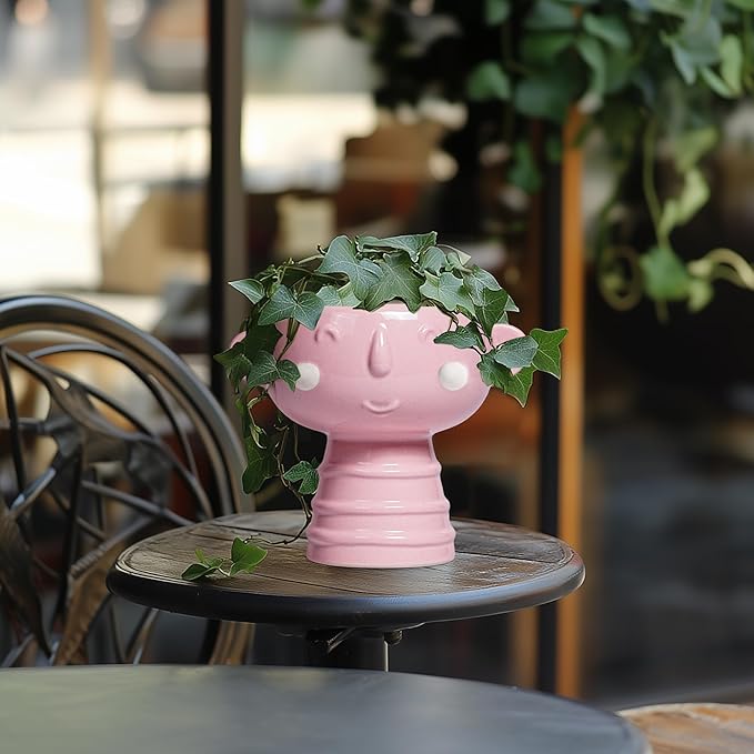 Smiley Face Planter - 7 Inch Ceramic Head Planter for Indoor Outdoor Plants, Cute Succulent Pots with Drainage Hole, Decorative Flower Pots, Home Room Desk Decor, Birthday Gifts, Bright Pink