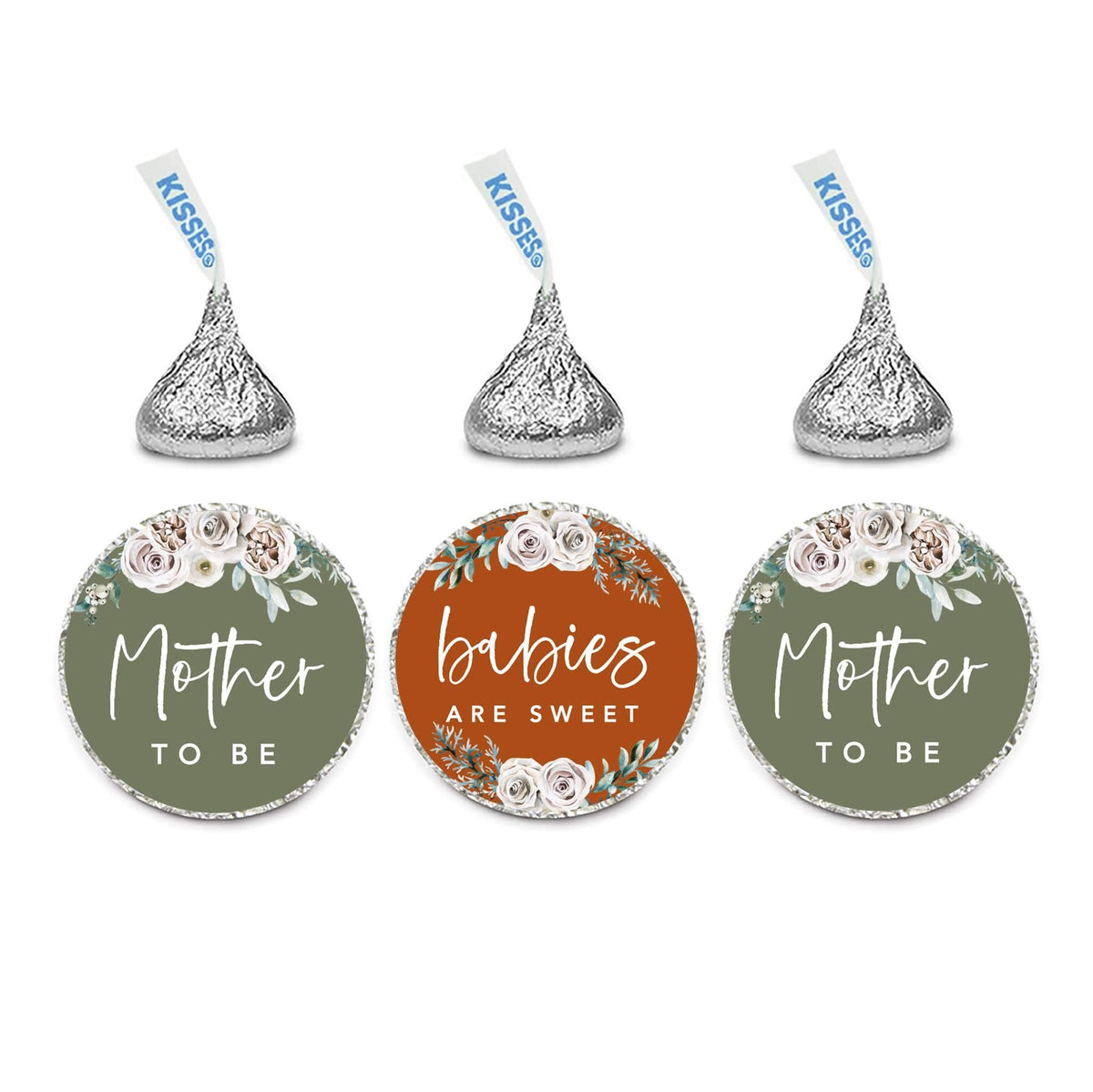 Andaz Press Sage Green with Cream Floral Blossoms Fall Baby Shower Party Collection, Chocolate Drop Label Stickers Trio, Mommy to Be, Floral Bouquet