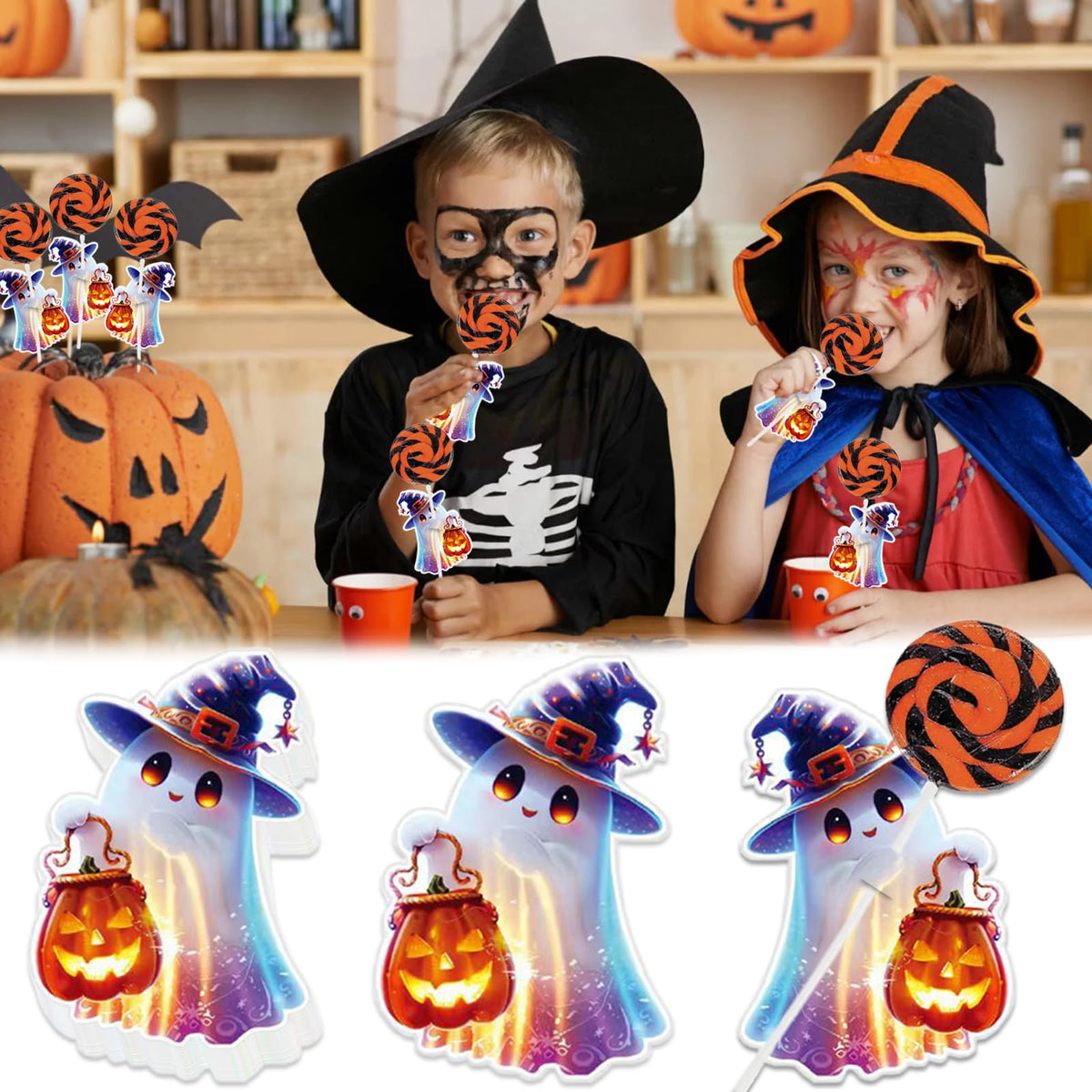 Ncozwo 100 Pcs Halloween Lollipop Paper Cards Cute Ghost Candy Chocolate Sugar Wrapping Card Decorations for Party Favors Exchange Cards (Carrying