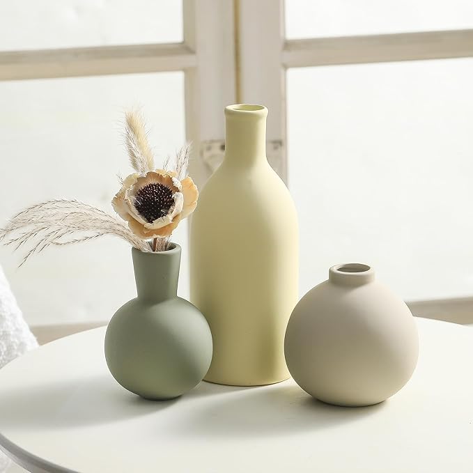 Vase Set of 3, Ceramic Vases Home Decor Flower Decorative Table Decor Vase Pottery Neutral Vases for Tray Table Mantel Living Room Kitchen Bedroom Bathroom Entryway -Light Color