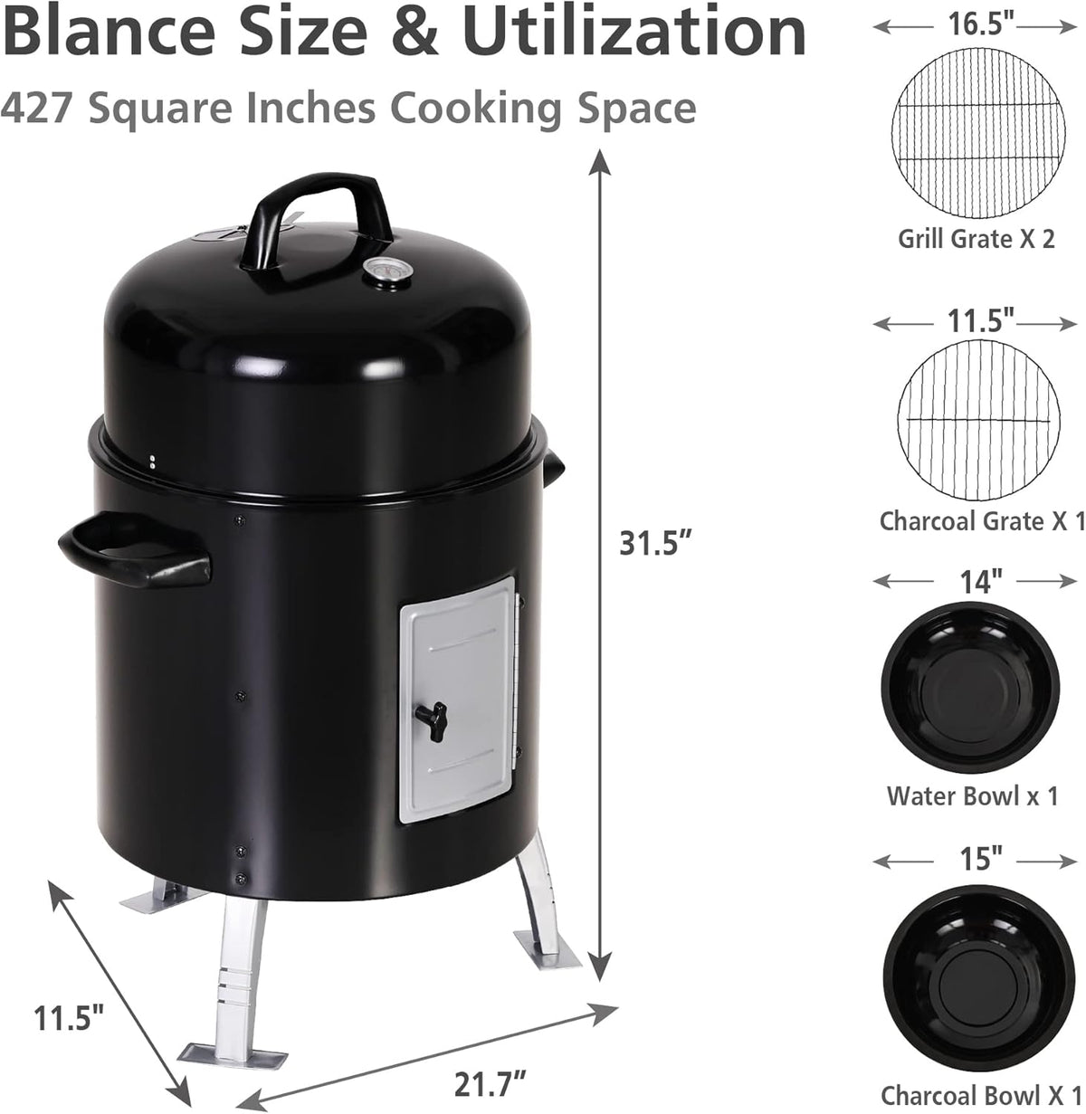 Sophia & William 17" Vertical Charcoal Smoker Grills with Two-Tier Grates, Heavy-Duty Integral Chamber and Tunnel Ventilation System for BBQ, Patio, Outdoor Camping(Black)