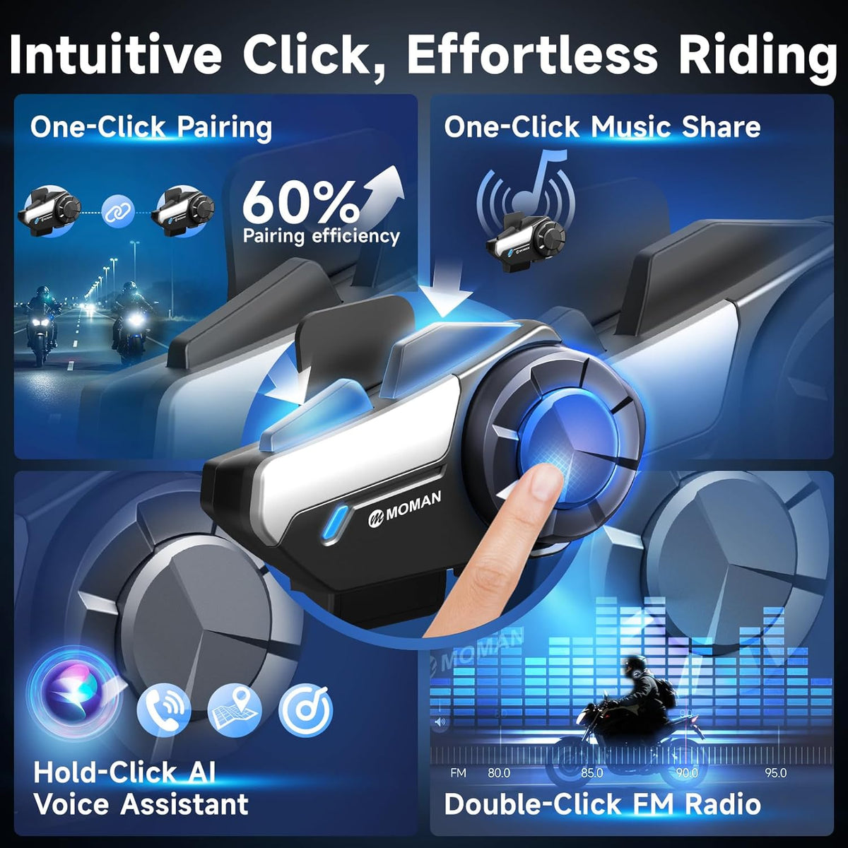 Moman Motorcycle Intercom, H2S Motorbike Helmet Headset 2-Way 1000M Communication System with Triple Noise Cancellation Audio Multitasking Hi-Fi Stereo Music Sharing FM AI Voice Waterproof, 1 Pack
