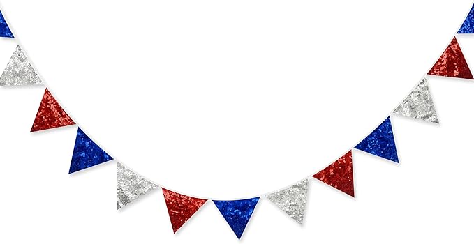 pinkblume Red Blue Silver Decorations Double Sided Sequin Fabric Triangle Pennant Banner Flag Bunting Garland for Nursery Classroom Home Bedroom Wall 4th of July American Veterans USA Holiday Decor
