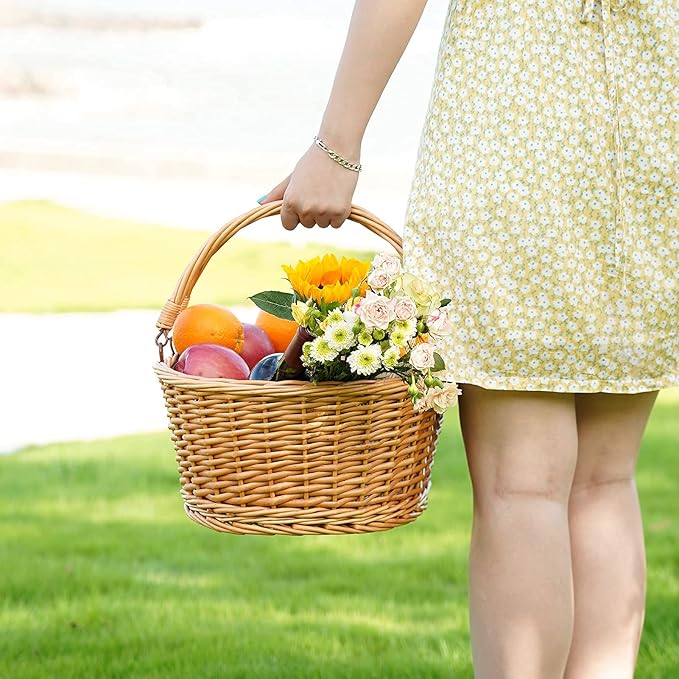 Wicker Picnic Basket with Double Folding Handles, Natural Large Willow Hamper Empty Basket Cheap Easter Eggs Candy Storage Wine Basket for Toy, Flower, Wedding（Red 16inch）