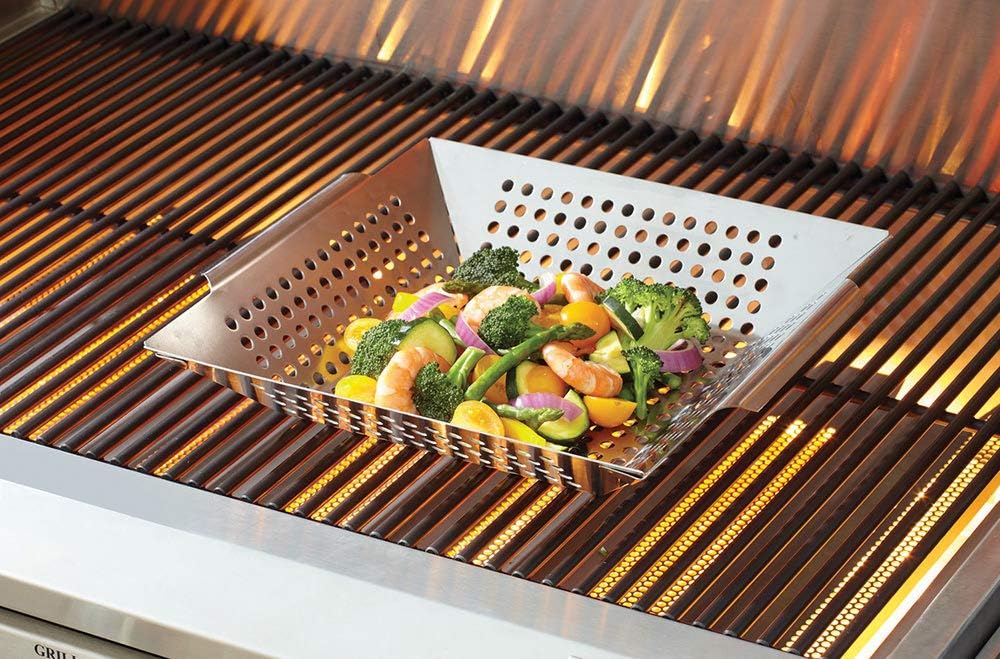 Mr. Bar-B-Q Stainless Steel Skillet Large Strainer Perfect for Cooking Seafood & Vegetables Grill Basket Built In Handles Stainless Steel for BBQ Grill Camping Backpacking Grilling Accesories 06034Y