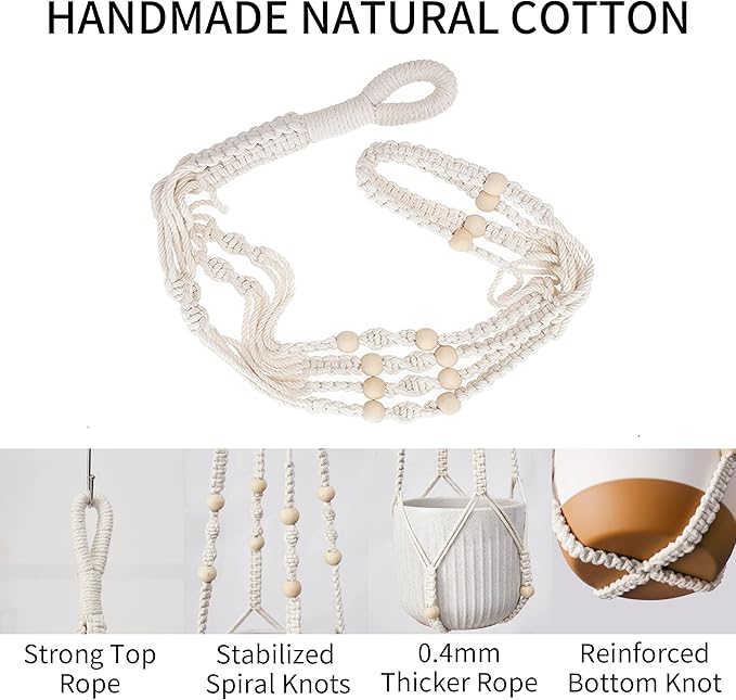35 Inch Macrame Plant Hanger - Fits 4-13 Inch Pots, Supports Up to 22lbs, Sturdy Hanging Planter Holder for Indoor Outdoor, Boho Home Decor, 2 Pack, Ivory (POTS NOT Included)