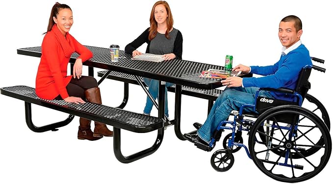 Global Industrial 8'L Rectangular Picnic Table, ADA Compliant, Expanded Metal, Black Thermoplastic Coating, Attached Benches, 1-1/2” Umbrella Pole Hole, Outdoor-Rated