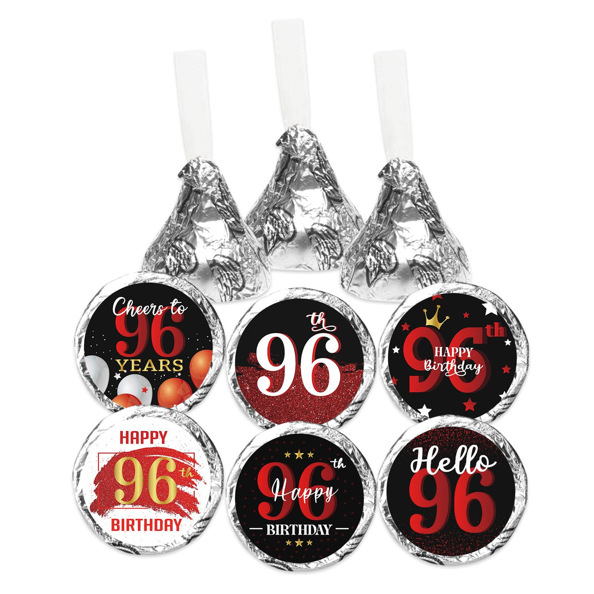 Happy 96th Birthday Party Favor Labels Chocolate Candy Stickers - 96 Years Old Birthday Round Candy Sticker Party Favors - Black and Red - 150