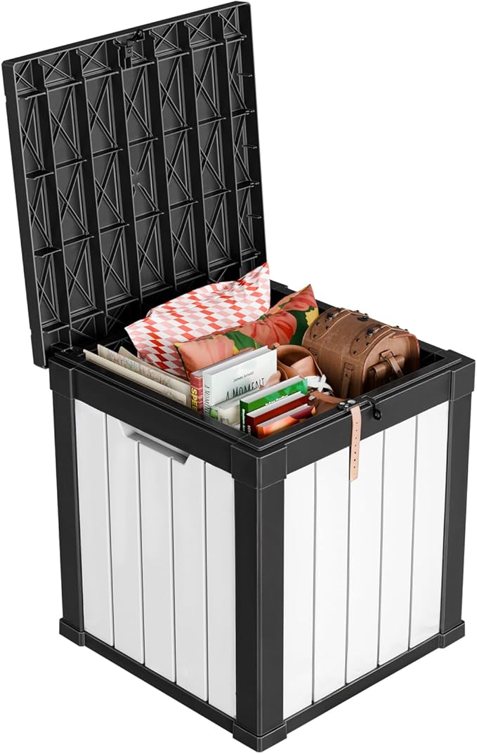 50 Gallon Outdoor Deck Box,Storage Lockable Waterproof Patio Furniture,Garden Tools,Cushions,Pool Accessories Outside Storage Resin Box(SM Black&White)