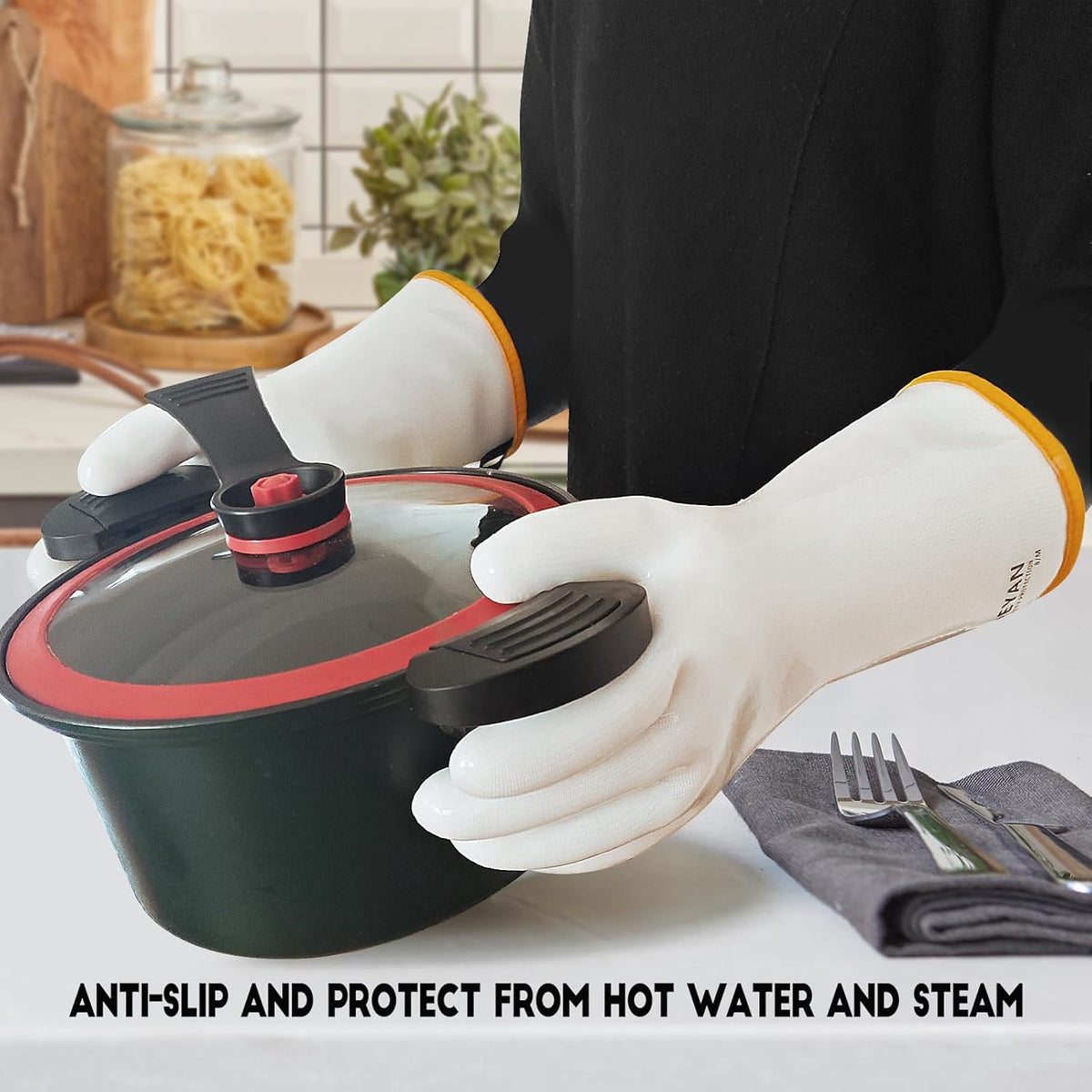 DEYAN Silicone BBQ & Oven Gloves - Food Grade, Heat Resistant Waterproof & Oil Proof Gloves for Grilling, Baking, Frying, Cooking - Long Sleeve & Non-Slip, 1 Pair (White, 9/L)