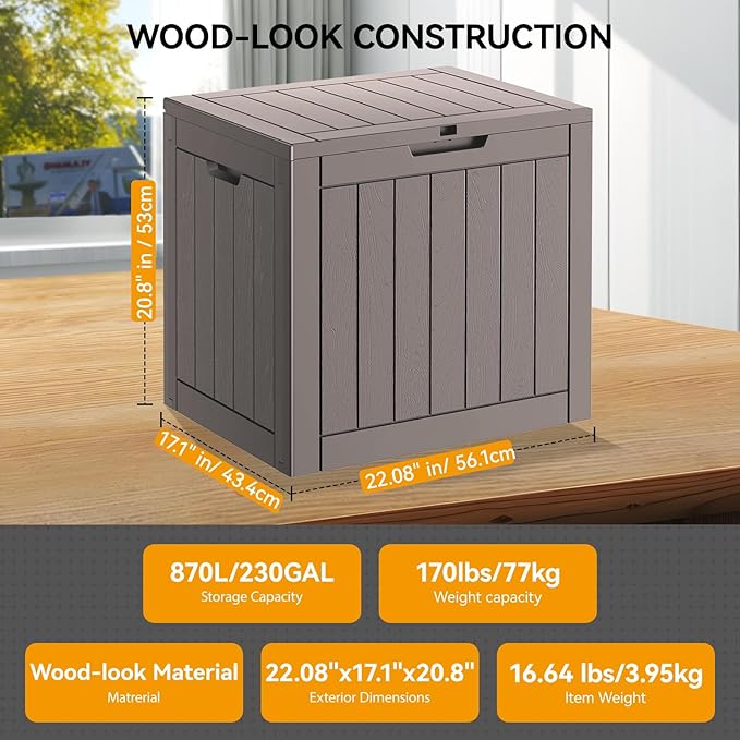 33 Gallon Outdoor Storage Box, Waterproof Resin Deck Box for Indoor & Outdoor Use – Lockable Patio Storage Bin for Garden Tools, Package Deliveries, Pool Accessories, Sports Gear & Furniture-Grey