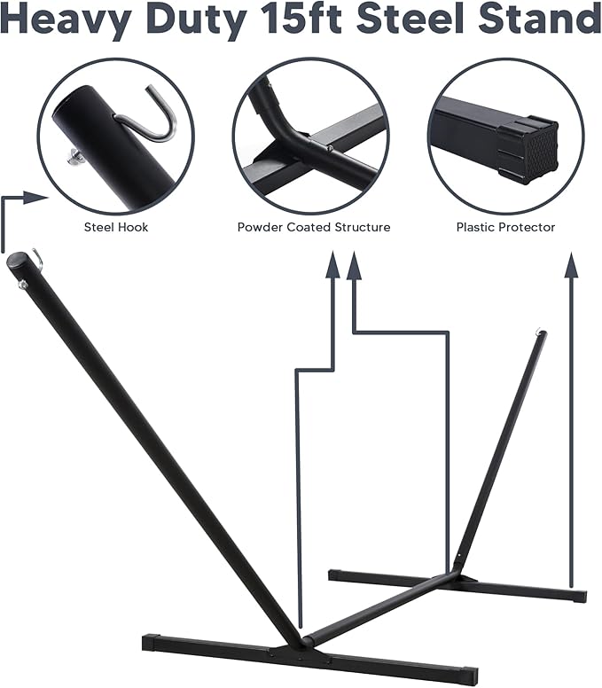 SUNCREAT Hammocks for Outside with 15 ft Stand, Stand Alone Hammock, 475 lbs Capacity, Dark Gray