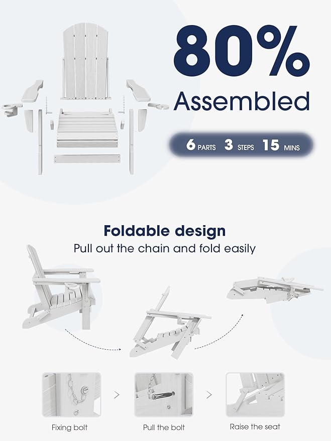 KINGYES Folding Adirondack Chair Set of 4, Dual Cup Holders & All-Weather HDPE, Wood-Like Patio Chair for Backyard, Camping, Pool & Fire Pit, White