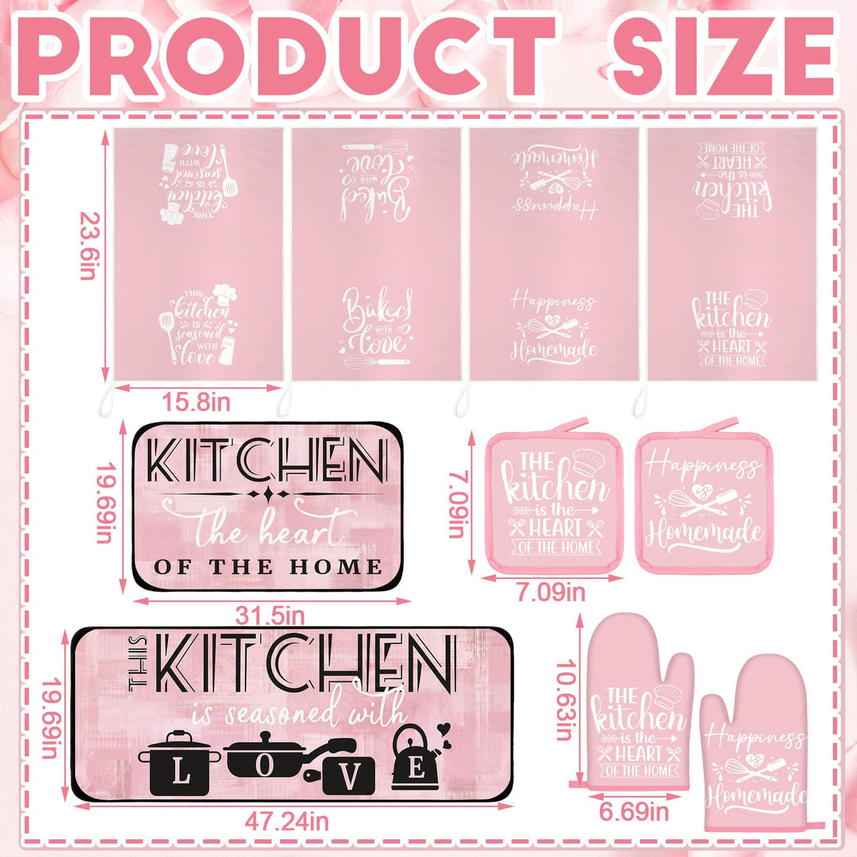 Sratte 10 Pcs Kitchen Decor Accessories Set 4 Kitchen Dish Towels 2 Pot Holders 2 Oven Mitts 2 Rugs for Cooking Baking BBQ Housewarming Gifts(Pink,Abstract)