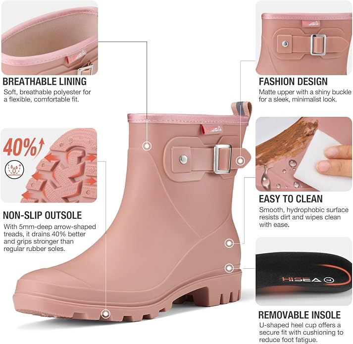 HISEA Women's Ankle Rain Boots Waterproof, Fashion Short Garden Shoes Anti-slip for Women with Comfortable Insole