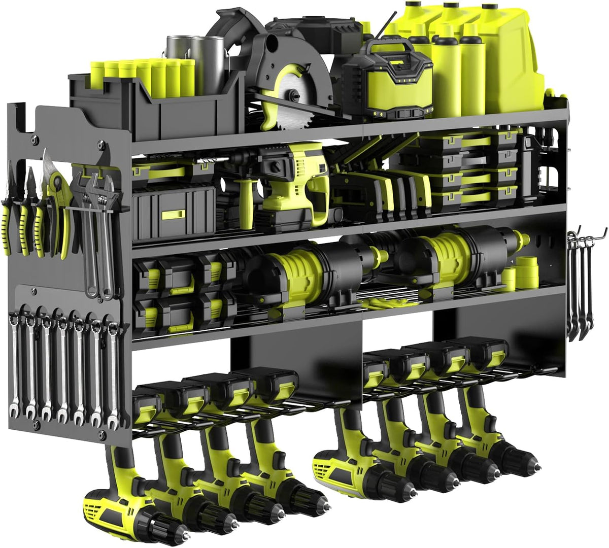 Power Tool Organizer Wall Mount with 8-Drill Holders-600Lbs Load Heavy Duty Metal 4-Layers Garage Storage & Organization Battery Tools Rack with Side Panels Utility Racks Workshop Gifts for Men