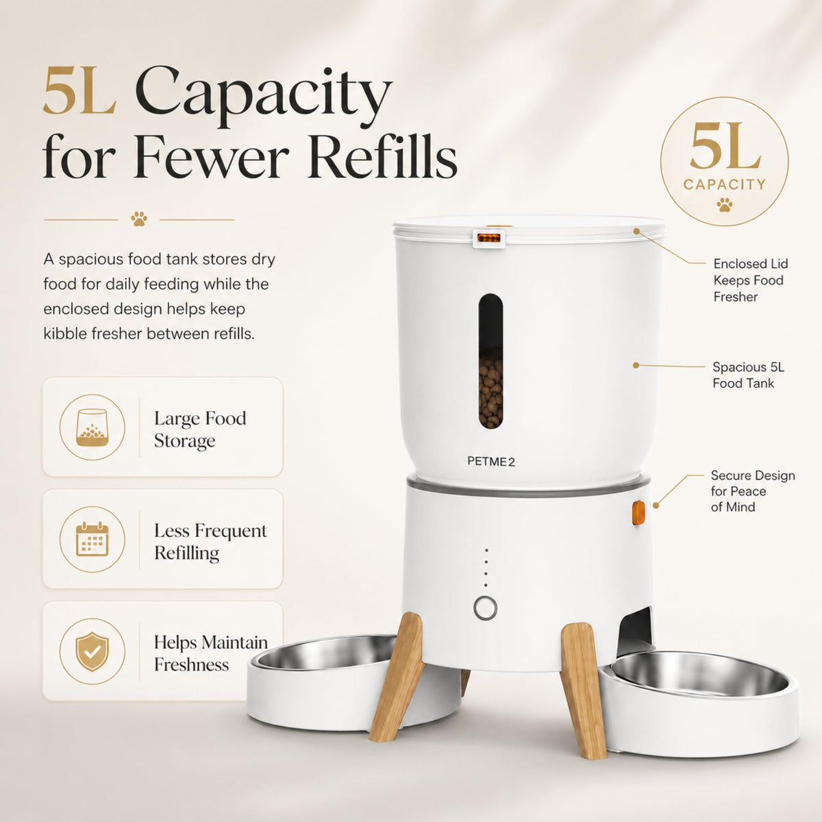 PETME2 Dual Bowl Automatic Cat Feeder - 5L WiFi Smart Elevated Cat Feeding Station with App Control, Voice Recording, Dual Power Options, Stainless Steel Cat Bowls & Anti-Jam Technology for Small Dogs