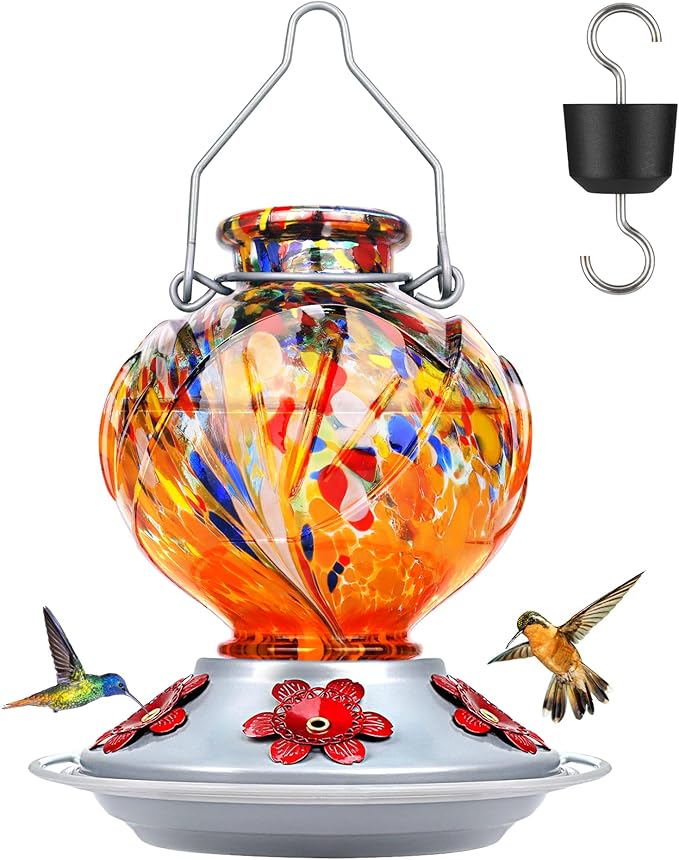 BOLITE Hummingbird Feeder, Hand Blown Glass Hummingbird Feeders for Outdoors Hanging, with Ant Moat and 5 Feeding Ports, 22 Ounces, Peony Flower Shape, Orange, Gifts for Women Men, Gifts for Mom Dad