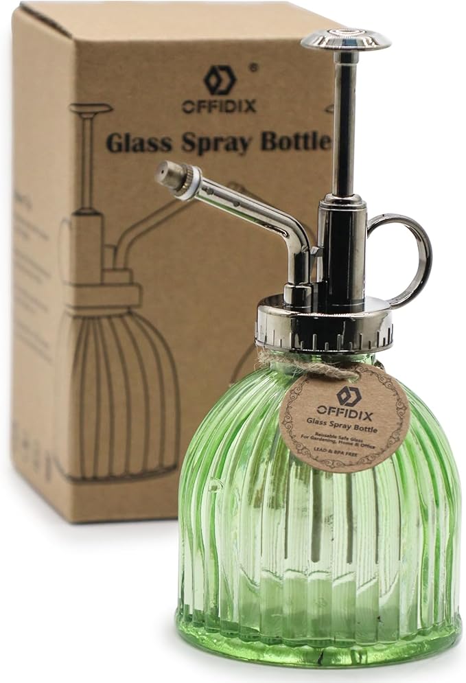 OFFIDIX Glass Plant Mister, 6.3 Inches Tall Vintage Style Spritzer Bronze Plastic Top Pump One Hand Watering Can Indoor Plant Spray Bottle for Garden, Plants, Cleaning (Light Green)