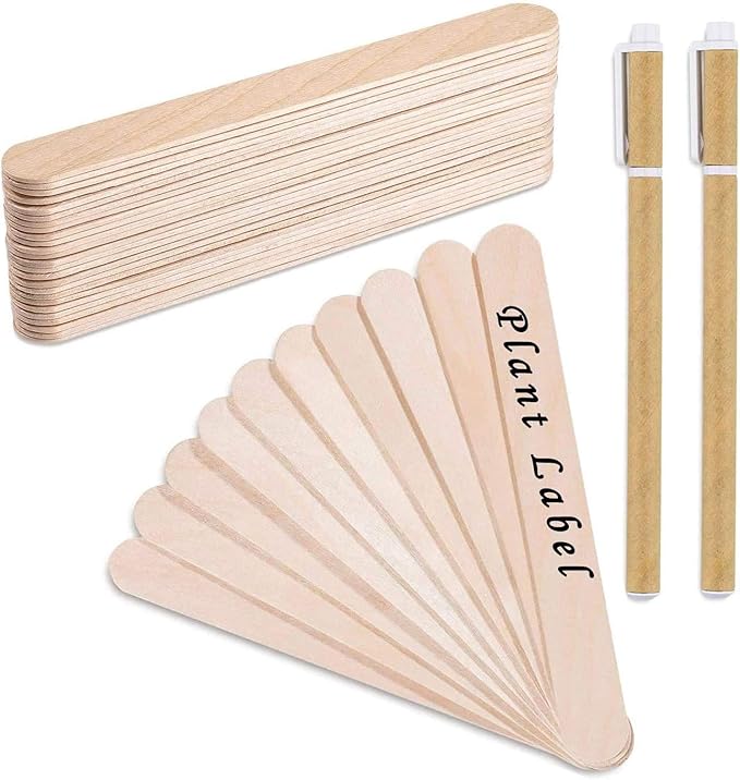 Whaline 200Pcs Wooden Plant Labels Waterproof Round Head Plant Sign Tags Birch Wood Plant Label Eco-Friendly Garden Markers for Seed Potted Herbs Flowers Vegetables with 2 Gel Pen, 15 X 1.7 CM