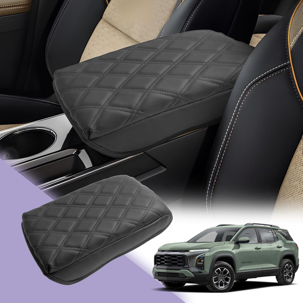 LUWU Center Console Cover Compatible with 2025 Chevrolet Equinox Accessories 2025 Equinox Armrest Cover Center Console Pad 2025 Equinox LT, ACTIV, RS Armrest Console Cover Soft Leather (Black C)