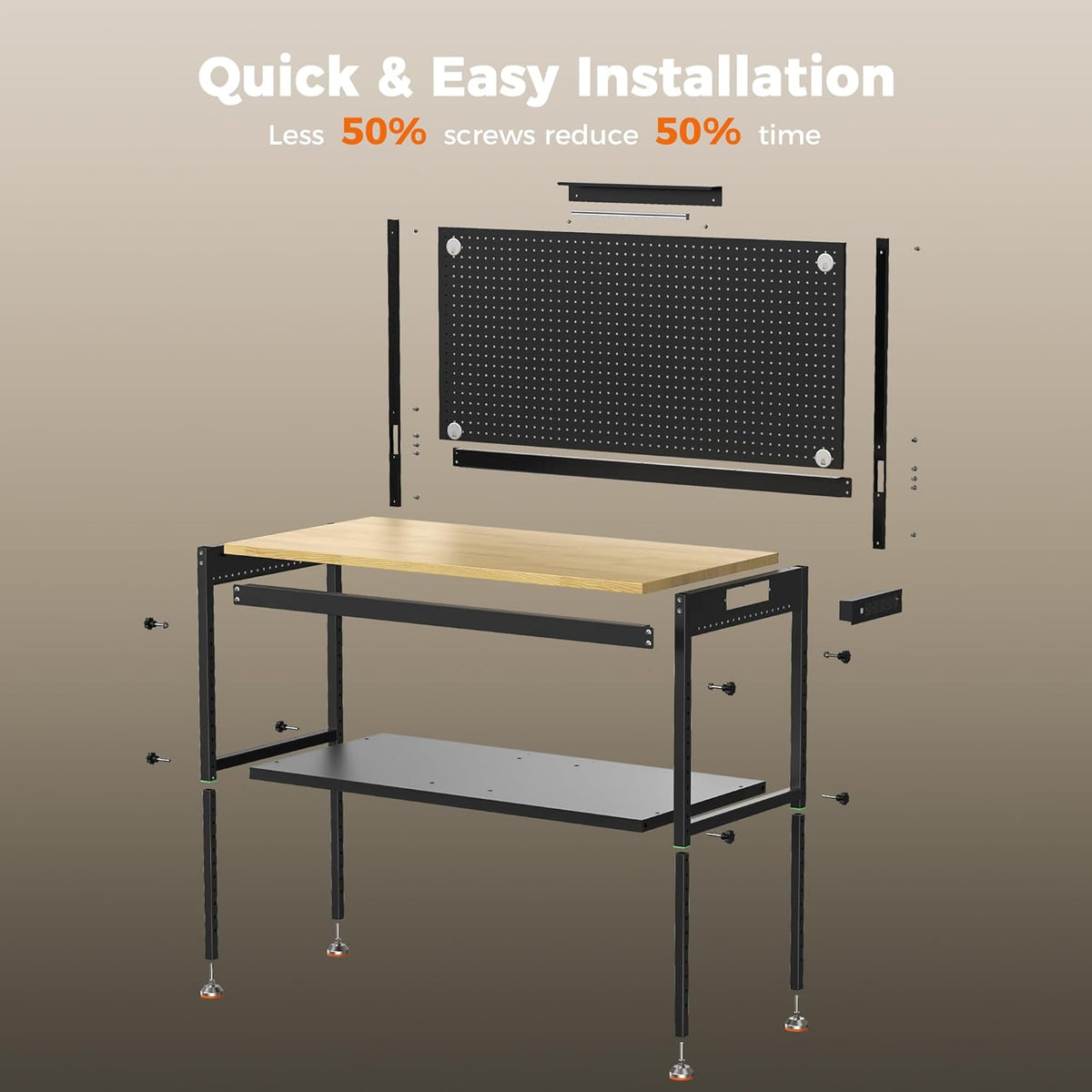 48" Heavy Duty Work Bench Adjustable Height Max Load 2000 LBS with Storage Shelf for Garage Workbench, Rubberwood Tabletop with Pegboard, LED Light, Built-in Power Strip for Woodworking Shop