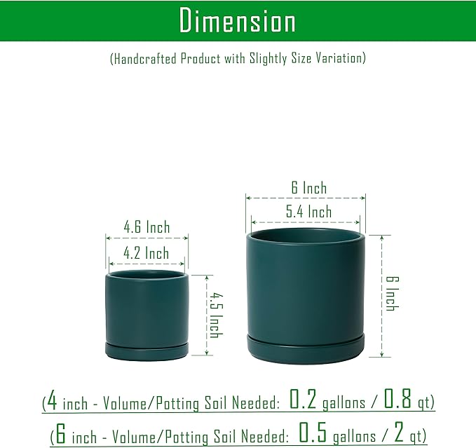 D'vine Dev 4.6 Inch & 6 Inch Ceramic Planter Pots for Plants with Drainage Hole and Saucer, Small Plant Pots Set, Teal, 94-G-S-9