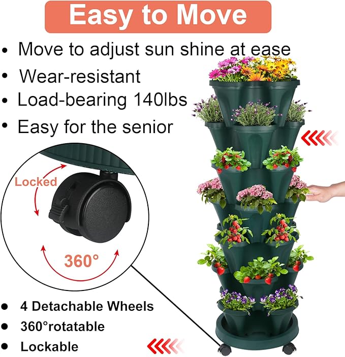 Vertical Planter, 7 Tier Stackable Strawberry Planter with Garden Tool Set, Movable Indoor/Outdoor Garden Herb Pot for Growing Vegetables and Succulents, Green