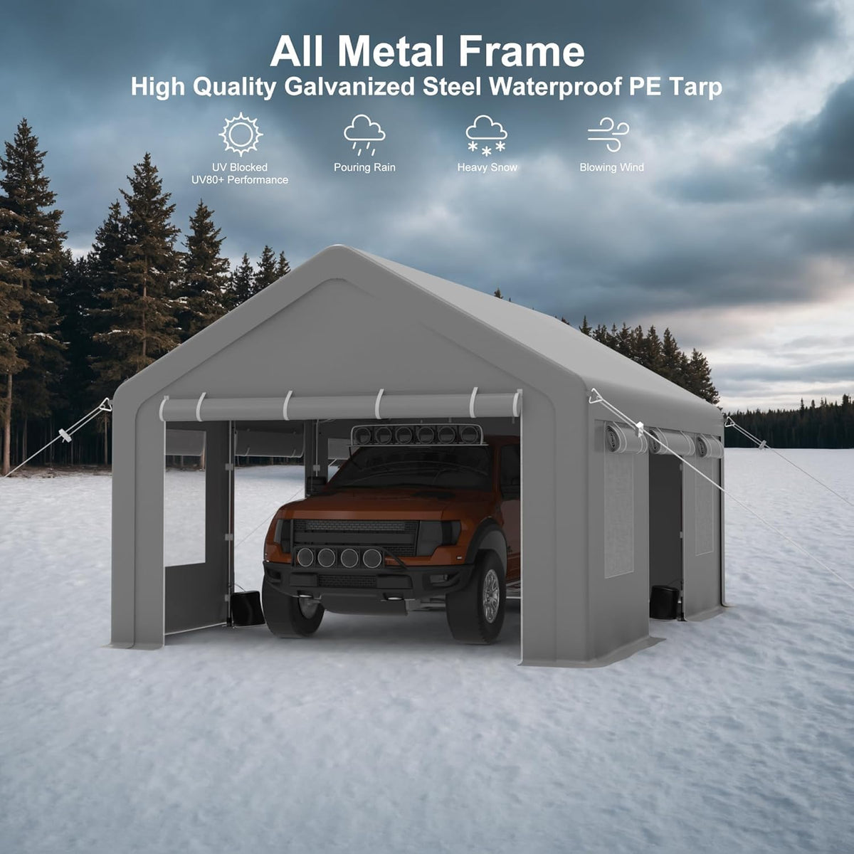 12x20ft Carport Heavy Duty, Portable Garage with 4 Doors + 4 Window, Upgraded Carport with Reinforced Steel Poles, Uv Resistant Waterproof Tarp for Car, Truck, Boat